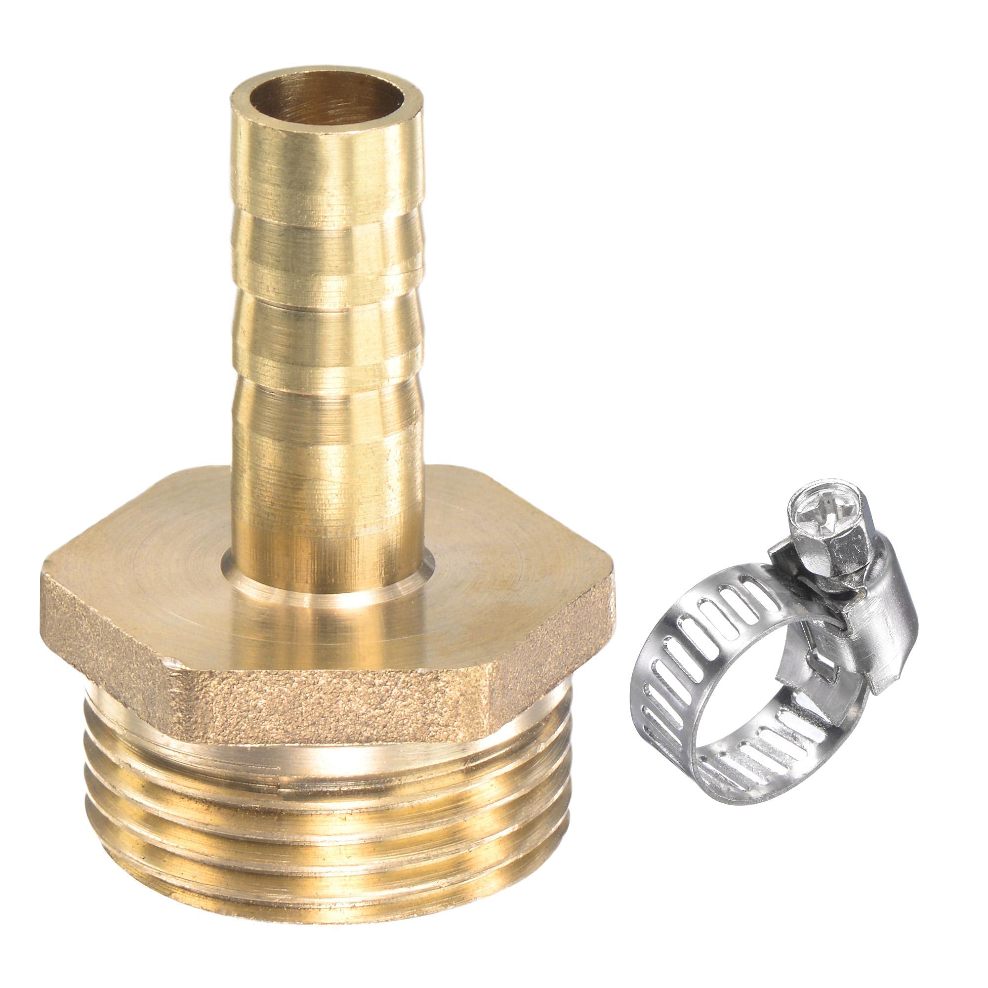 sourcing map Brass Hose Barb Fitting Straight 10mm x G3/4 Male Thread Pipe Connector with Stainless Steel Hose Clamp, Pack of 1