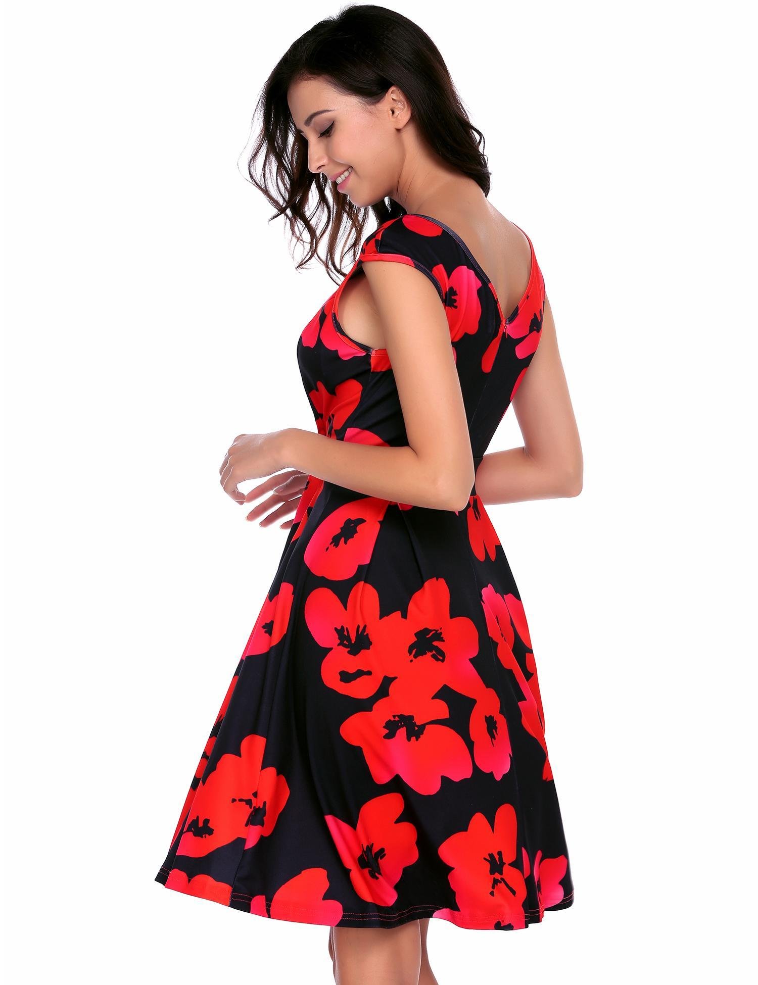 Zeagoo Women\'s Casual Vintage Cap Sleeve Flower Printed V Neck Swing Dress Black L