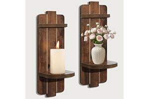 SUJUN Rustic Candle Holder Set of 2 – Vintage Brown Wooden Wall Sconces for Fireplace, Bedroom & Living Room – Farmhouse Wall Decor with Candle Shelf for Home, Aisle, Hallway
