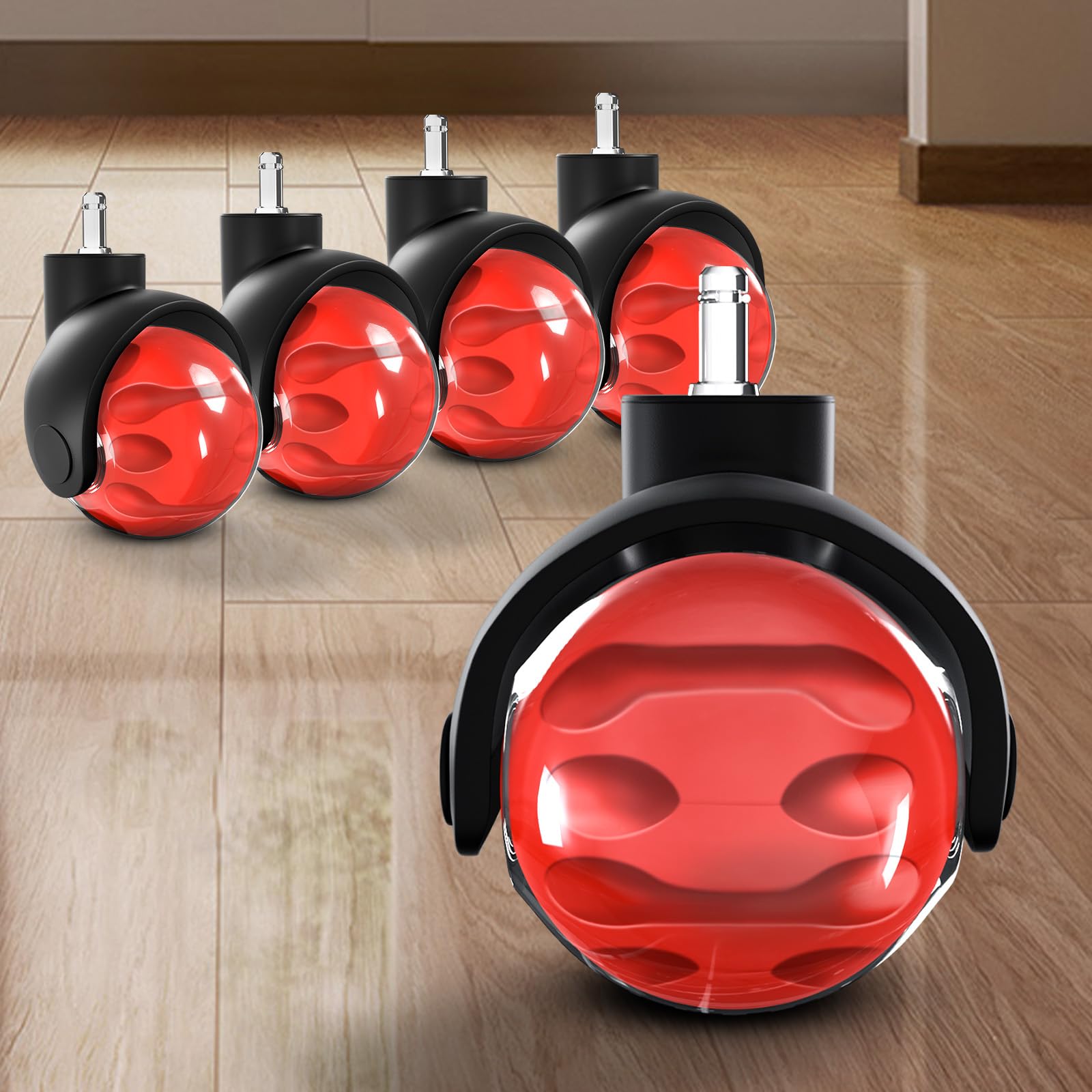Office Chair Wheels Set of 5, Universal Pin Size 11x22mm Rubber Castors, Smooth & Silent, Safe for All Floors, 2-Inch Wheels Replacement for Computer Gaming Chair, Red
