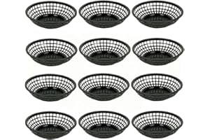 TrueCraftware- 8" Round Fast Food Basket Black Plastic Set of 12- Fry Fast Food Reusable Foodservice Restaurant Diner Tray Plates Restaurant Supplies Deli Serving Chicken Burgers Sandwiches & Fries