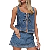 Molilove Women's 2 Piece Denim Outfits Tie Up Sleeveless Top Shorts Set Tracksuit Y2k Two Piece Jeans Set Vacation Outfits