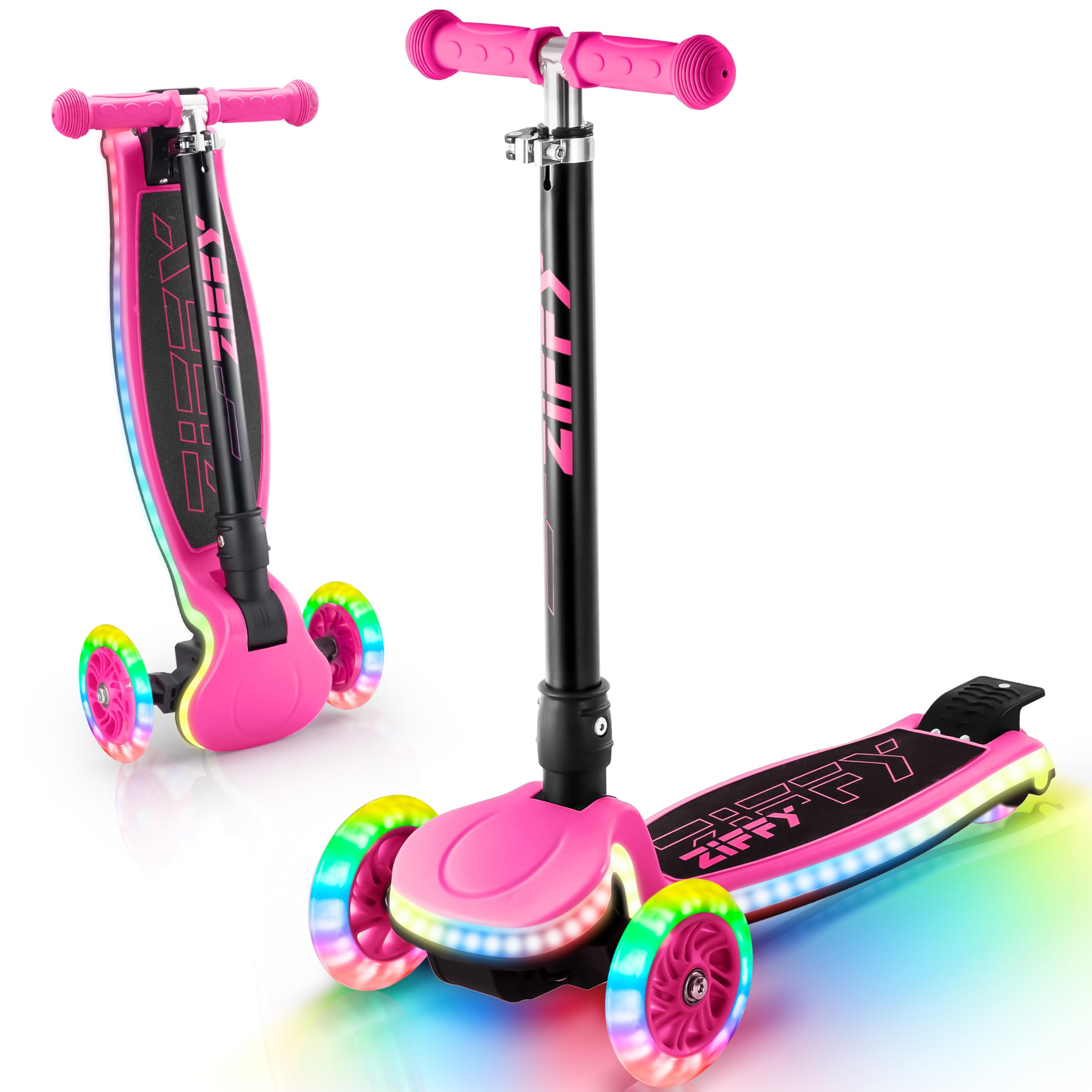 JOVA ZIFFY Kids Scooter for Boys & Girls LED Light-Up Wheels, 4 Adjustable Height Handlebars, and Lean-to-Steer Design with Anti-Slip Wide Surface for Stability - Up to 110LBS(Red)