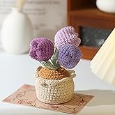 Lutoku Tulips Crochet Flowers Potted Plants, Three Tulips in One Artificial Flower, Knitted Flowers Desk Home Decor, Forever Tulips Gifts for Mother's Day, Valentine's, Thanksgiving (Purple)