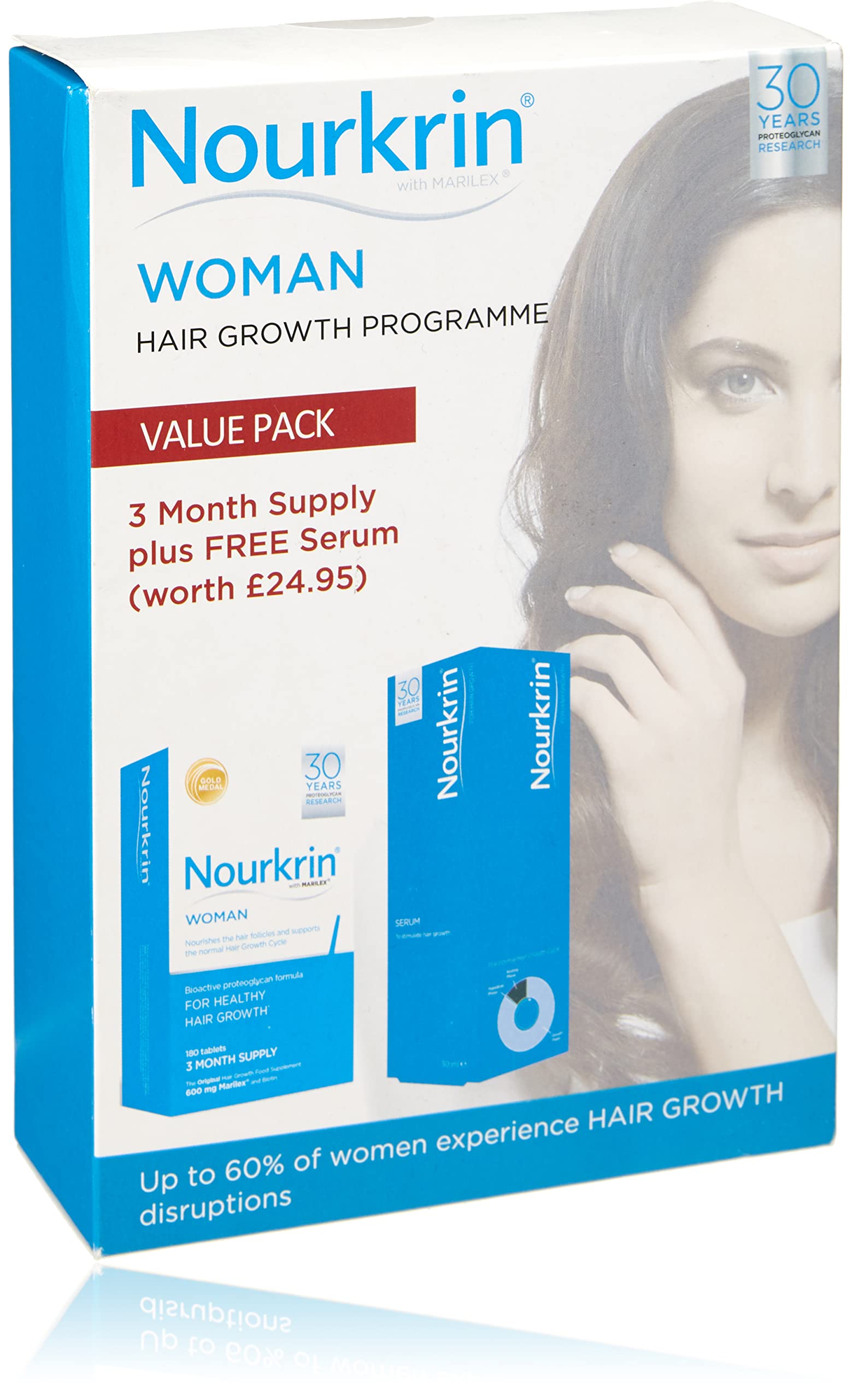Nourkrin Woman for Healthy Hair Growth food supplement with Marilex, biotin and silica 180 tablet pack (3 month supply) with free Serum