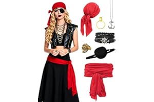 7pcs Pirate Costume Accessories for Women Men Pirate Head Scarf Pirate Sash Belt Eye Patch Necklace Accessories