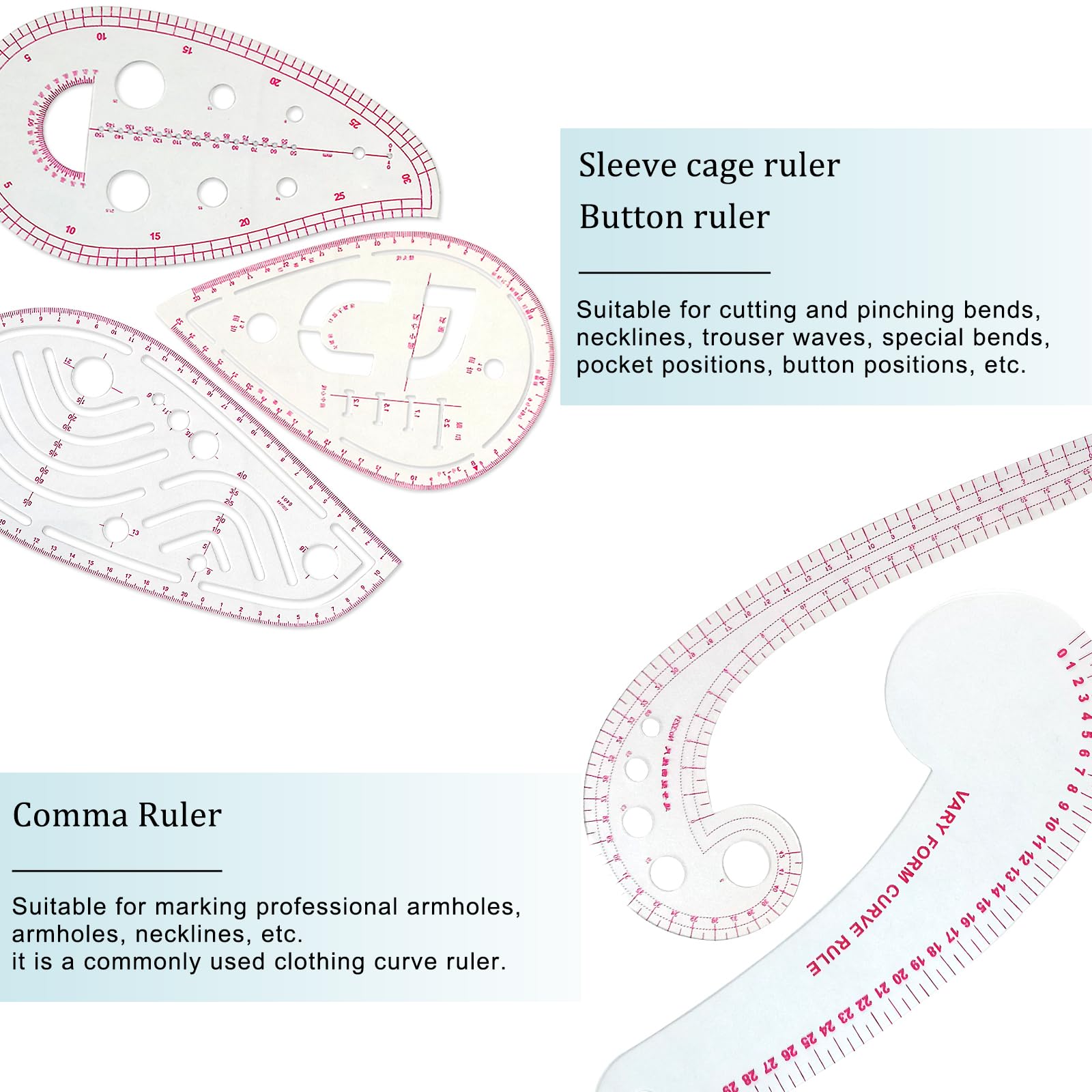 HLZC Fashion Clear Metric Sewing Ruler Set, French Curve Pattern Ruler Kit for Beginners Tailors Designers (A-9-Piece Set)