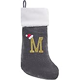 EHJYO 20 Inches Monogram Christmas Stockings with Letters Large Super Soft Christmas Stockings, Grey Velvet with White Plush Cuff Embroidered Xmas Stocking for Christmas Family Decor Letter M