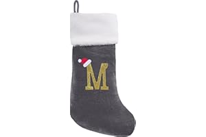 EHJYO 20 Inches Monogram Christmas Stockings with Letters Large Super Soft Christmas Stockings, Grey Velvet with White Plush Cuff Embroidered Xmas Stocking for Christmas Family Decor Letter M