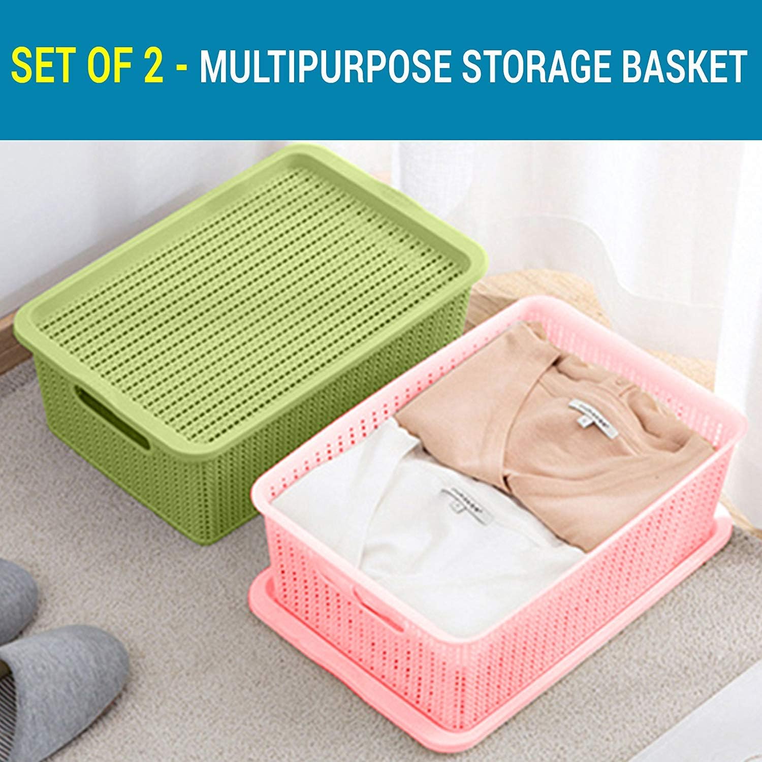 TIED RIBBONS Set of 2 Flexible Plastic Tapered Hollow Basket Container Organizer Storage Box with Lid for Clothes Bathroom Kitchen Vegetables and Fruit Storage (36X11X22 cm, 8 LTR)