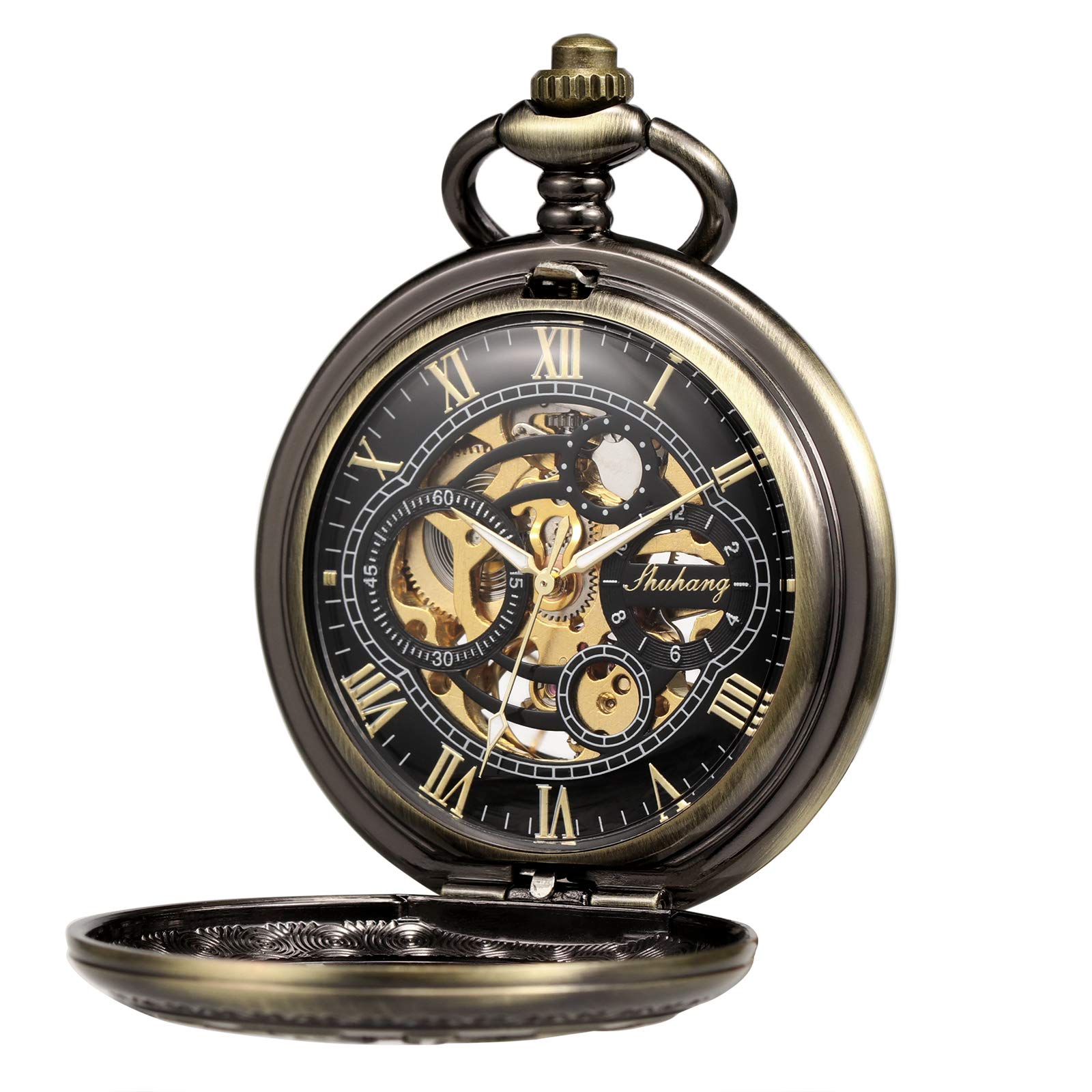 TREEWETO Pocket Watch Skeleton Hand-Wind Mechanical Double Case Bronze Roman Numerals Antique with Fob Chain Box