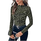 SOLY HUX Women's Leopard Print Tops Mock Neck Long Sleeve Going Out Tops Y2K Fitted Shirt Mesh Cheetah Print Top