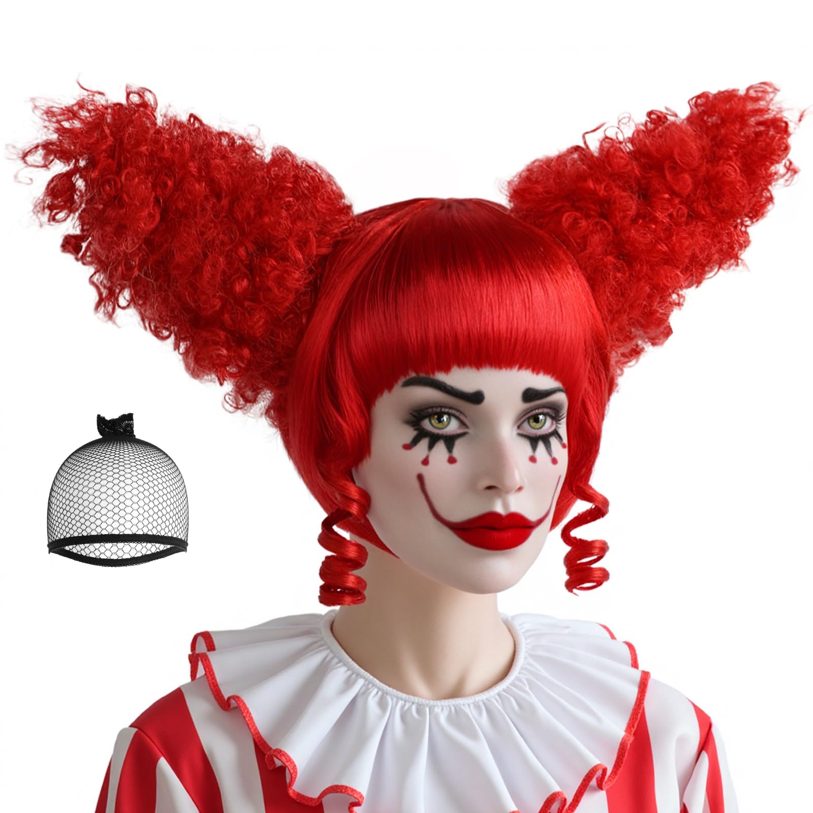 Photo 1 of TIKJOYS (Wig Cap + Red Clown Wig Fluffy Funny Clown Curly Synthetic Hair Costume Wig with Bangs for Adults Womens Crazy Red Cosplay Wigs for Halloween Party Anime Outfit