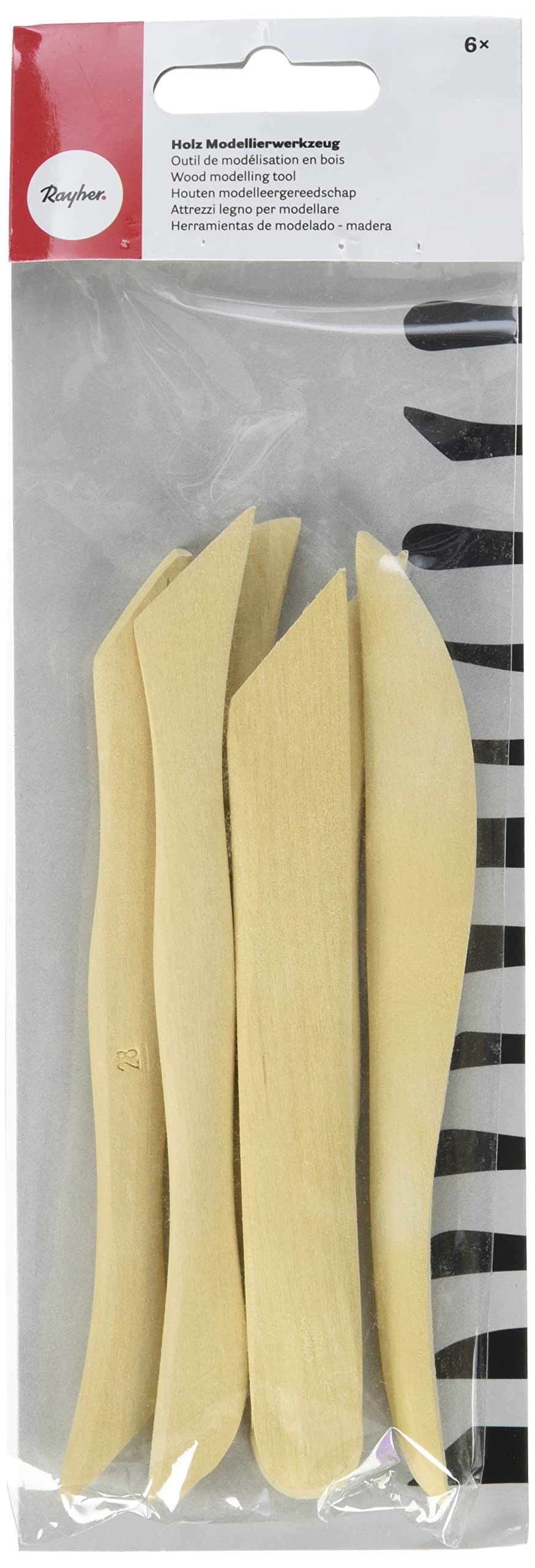 Rayher 34455505 Set of 6 Double-Ended Modelling Tools for Clay, Wooden Pottery Sculpting Tool, 12 Different Tips, natural wood