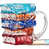 3D Painted Book Coffee Mug, 14 oz Glass Cup, Handmade Stacked Books Design, Colorful Handles, Gift for Book Lovers (Transparent, Large)