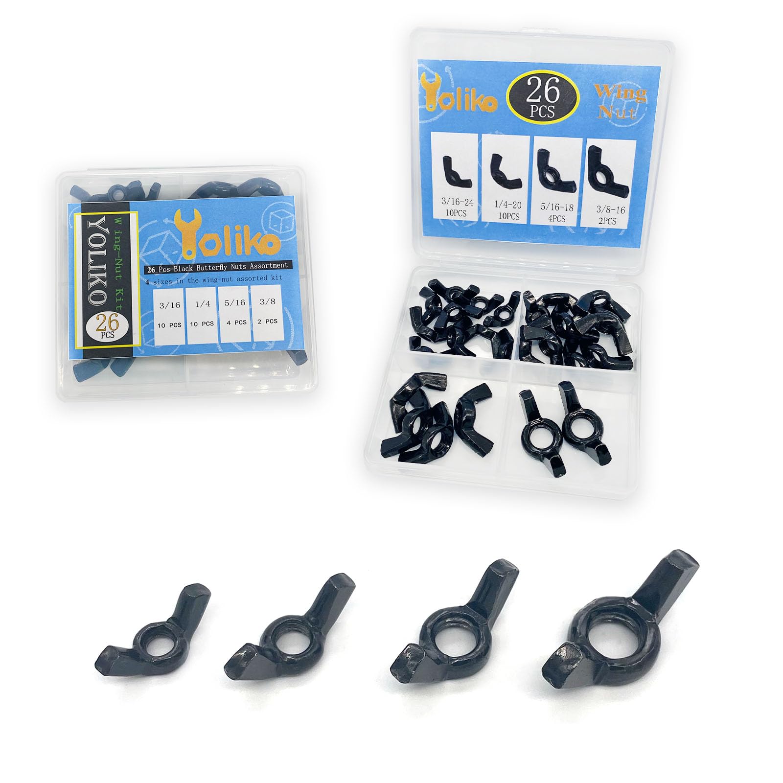 Photo 1 of Yoliko 26 Pcs 4 Sizes 3/16",1/4",5/16",3/8" Wingnuts, Quality Carbon Steel Wing Nuts Black Zinc Plated Fasteners Parts Butterfly Nut, Hand Twist Tighten Hardware Nuts Butterfly Wing-Nut Assorted Kit