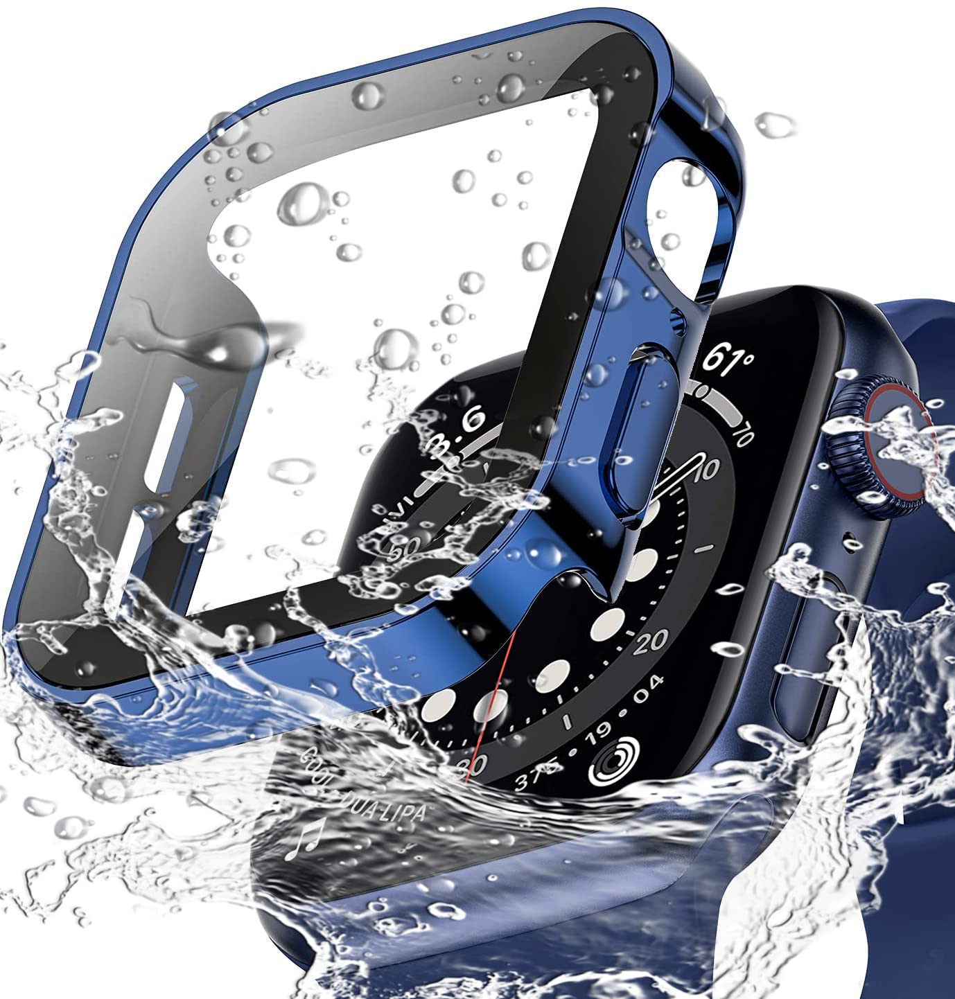 Miimall Waterproof Tempered Glass Case Compatible with Apple Watch Series 8/Series 7 45mm, PC Screen Protector Shell All-Around Protection Plating Frame Film Case For iWatch 45mm-Blue