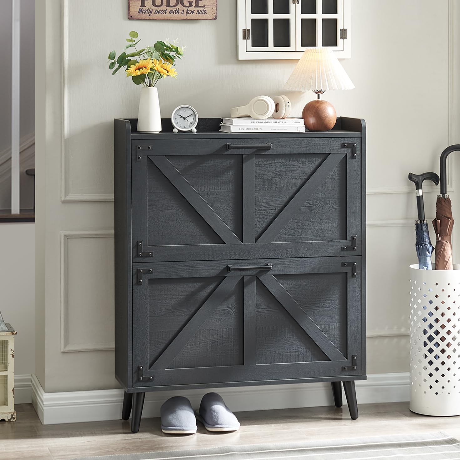 Photo 1 of ***image only reference***Barnyatoh Shoe Storage Cabinet with 2 Flip Drawers, Farmhouse Hidden Shoe Organizer, Narrow Slim Shoe Rack Cabinet for Entryway Hallway, white