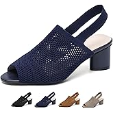 OXNEUHG Women's Knit Peep Toe Slingback Chunky Heeled Sandals with Ankle Strap Fashion Open Pointed Toe Cut Out Slip On Backless High Heels Summer Casual Work Office Wedding Dressy Pumps