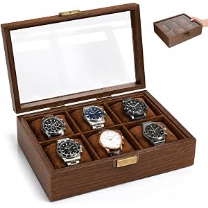 JOINPAYA Wooden Watch Box for Men, 6 Slot Watch Display Case with Clear Glass Lid, Walnut Wood Organizer, Watch Storage Holde