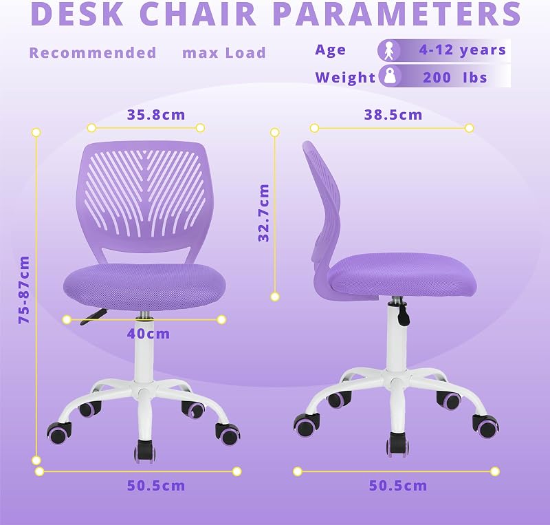 Silla de Escritorio para niños, Silla giratoria de Altura Ajustable con diseño de Respaldo de Agujero pequeño, Adecuada para Dormitorio de niños o Sala de Estudio, Color Morado — foto 2 de 8