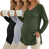 Huukeay 3 Pack Women's Thermal Maternity Shirts Long Sleeve Fleece Lined Pregnancy Tops Split Side V Neck Maternity Clothes