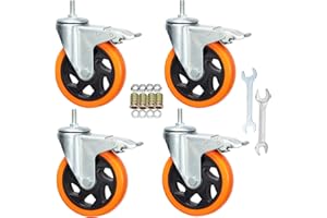 AOCHENLY Heavy Duty Stem Caster Wheels M10-1.5X25mm Dual Locking No Noise PVC Threaded Stem Caster Wheels Pack of 4 for Workbench, Dolly, Furniture (5 Inch, Orange)