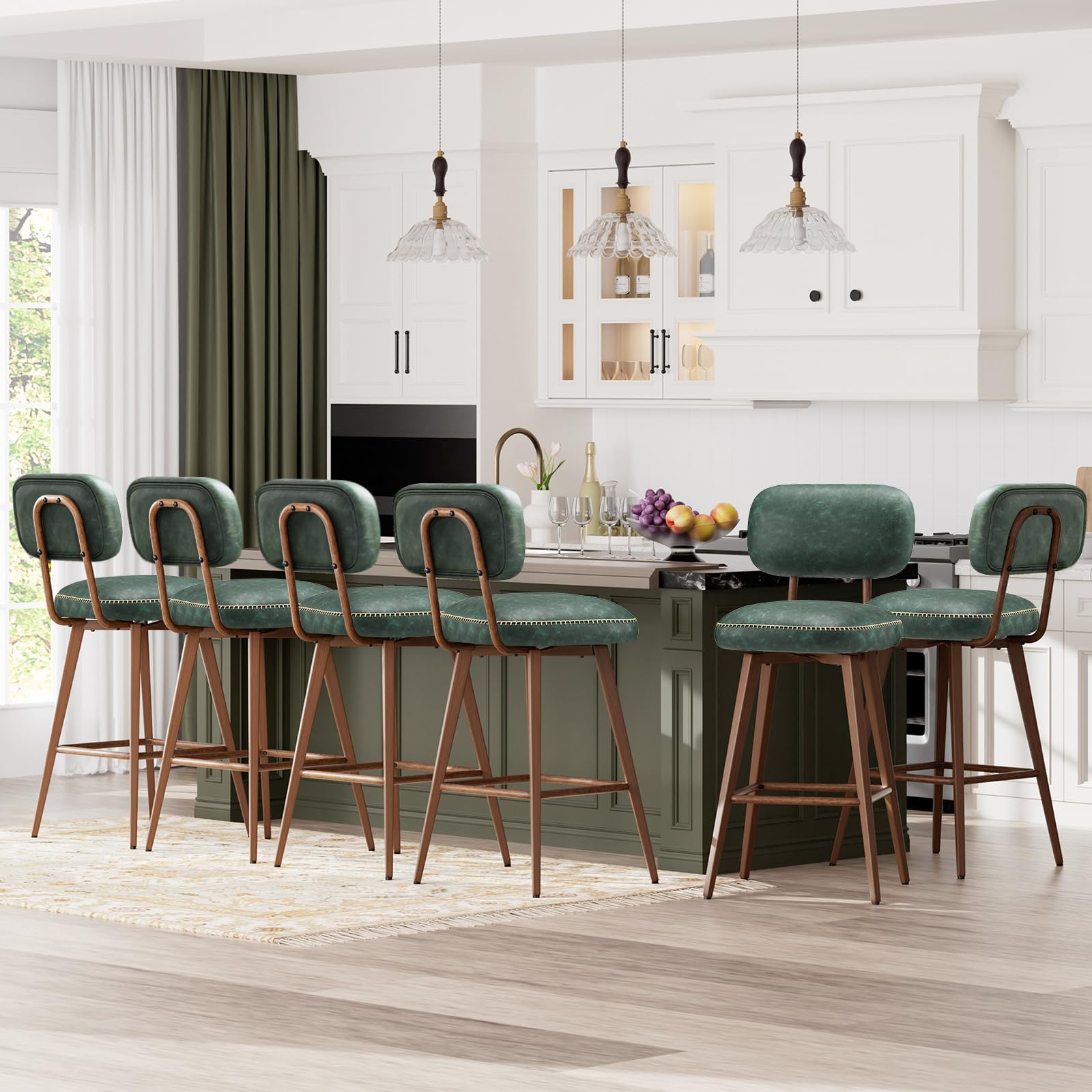 Photo 1 of ****PARTIAL SET***MALOL 26“ Swivel Bar Stools Set of 6, Mid Century PU Leather Counter Height Bar Chairs with Low Back and Metal Legs, Modern Bar Stool Chair for Kitchen Island, Green