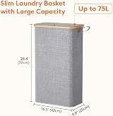Lifewit 75L Slim Laundry Basket with Lid Grey Narrow Foldable view 3