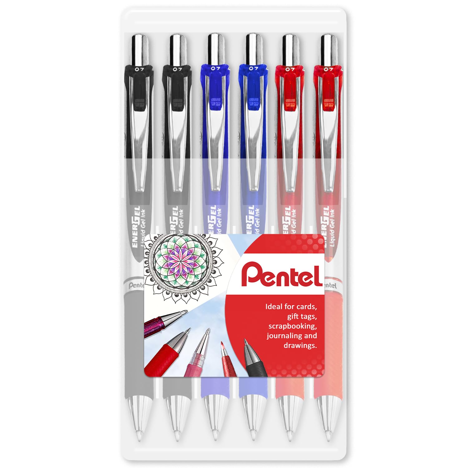 Pentel EnerGel XM BL77 - Retractable Liquid Gel Ink Pen - 0.7mm - 54% Recycled - Clam Pack Gift Set of 6 (Black,Blue,Red)