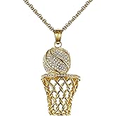 Seakuur Stainless Steel Basketball Chain Necklace for Women Men Hip Hop Rhinestone Basketball Sports Pendant Necklace Party Jewelry