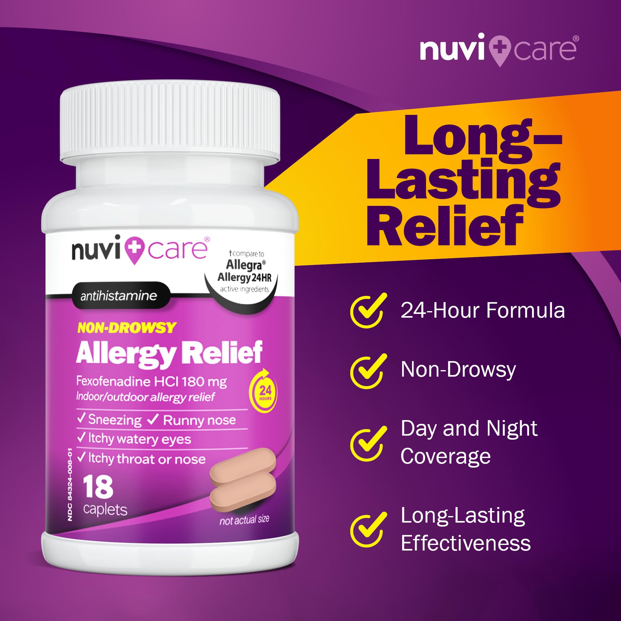 NUVICARE Fexofenadine 180mg 24 Hour - Fexofenadine Hydrochloride 180 mg Antihistamine for Allergy Relief, Hives, Runny Nose, Itching, Compare to Allegra 24 Hour Non Drowsy Allergy Medicine (18 Count)