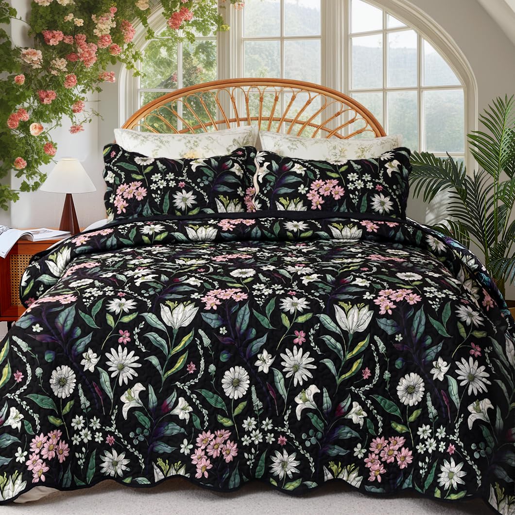 Photo 1 of EVENHUG Floral Quilt Set King Size Black Botanical Bedspread Coverlet with Pillow Shams Soft Lightweight Flower Quilt Bedding Sets for All Season 3 Pieces (106"x96")