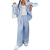 OYOANGLE Girl's 3 Pieces Outfits Striped Long Sleeve Button Down Shirt Wide Leg Pants and Solid Cami Top Sets