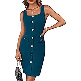 GRACE KARIN 2025 Women's Buttons Belted Square Neck Business Work Dress Sleeveless Bodycon Midi Dress