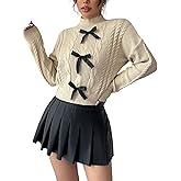 ZAFUL Women's Crew Neck Bowknot Decor Cable Knit Drop Shoulder Long Sleeve Casual Pullover Sweater
