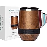 Elemental Recess Wine Tumbler - Triple Wall Insulated Stainless Steel Coffee Mug for Hot & Cold Drinks - Portable Cup with Shatterproof Sip Lid for Camping, Outdoor & Travel - 10oz - Teak Wood