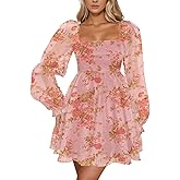 Aisbei Women's Square Neck Puff Sleeve Babydoll Dress Backless Casual A-Line Short Mini Dresses