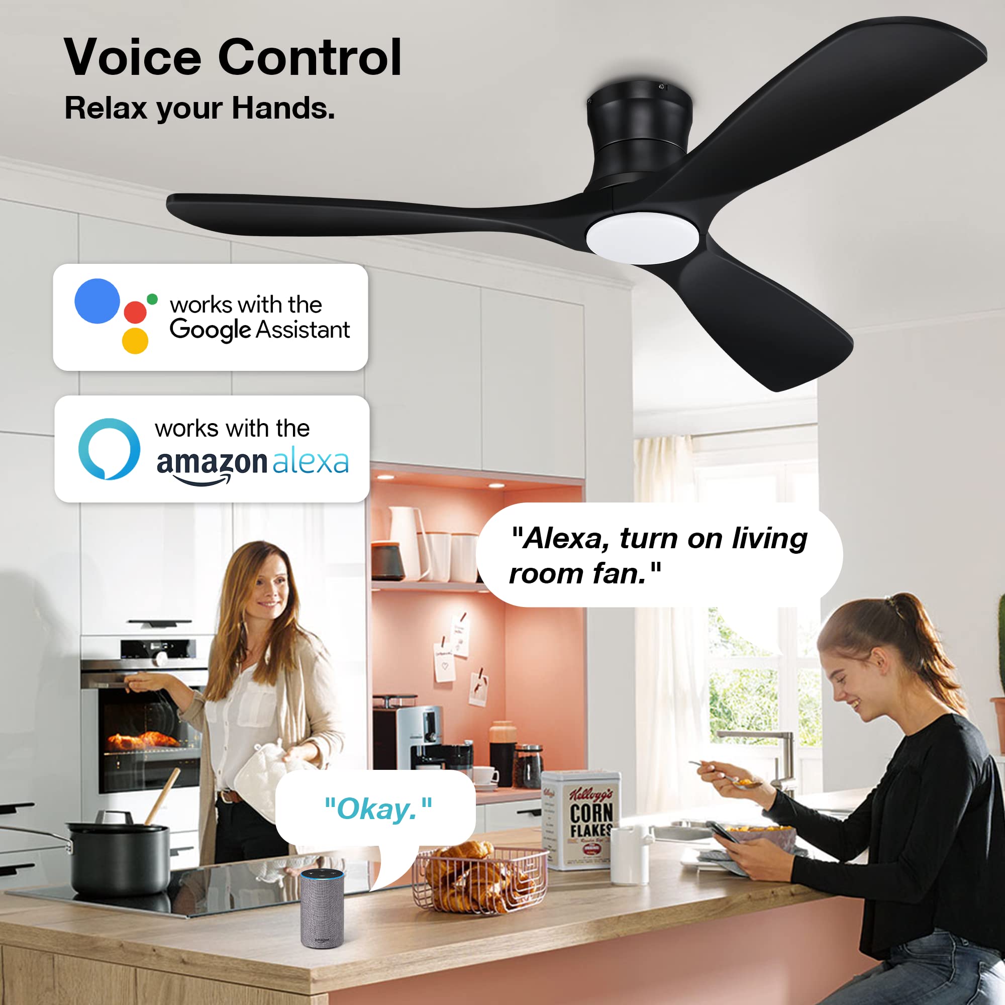 Hoenofly 52” Smart Wood Low Profile Ceiling Fan with Lights Remote,Quiet DC Motor,Outdoor Indoor Flush Mount Ceiling Fans Controlled by WIFI Alexa App,Modern Black for Bedroom Living Room Patio Porch