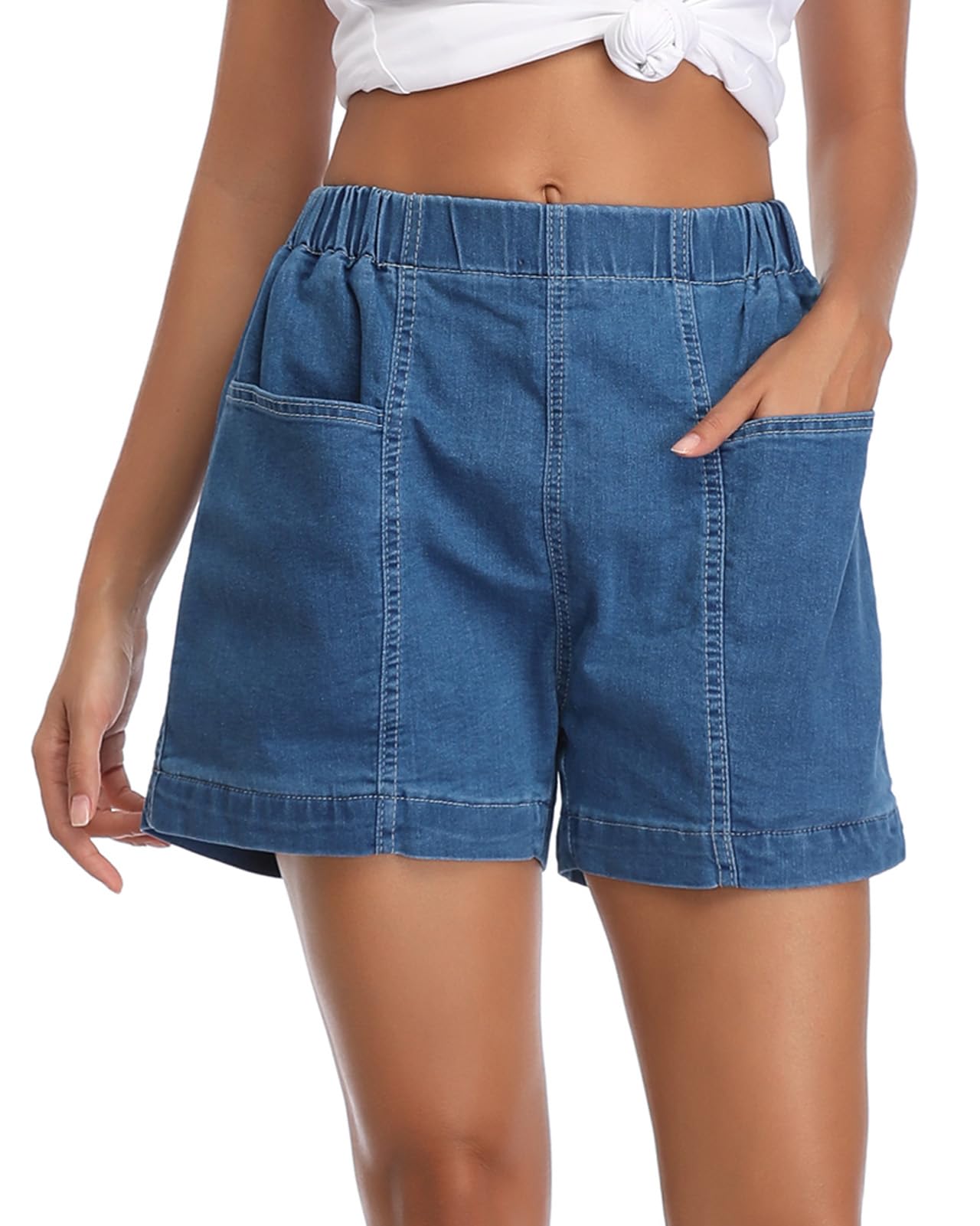 Fuinloth Women's Denim Shorts, Elastic Wasit Mid