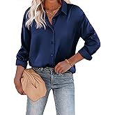 Chigant Women's Blouse Satin Silk Shirts Button Down Shirts Casual Loose Long Sleeve Office Work Tunic Tops