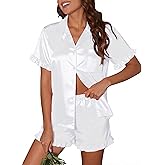 Ekouaer Satin Pajama Set for Women Button Down Silk 2 Piece Pj Sets Ruffle Short Sleeve Sleepwear