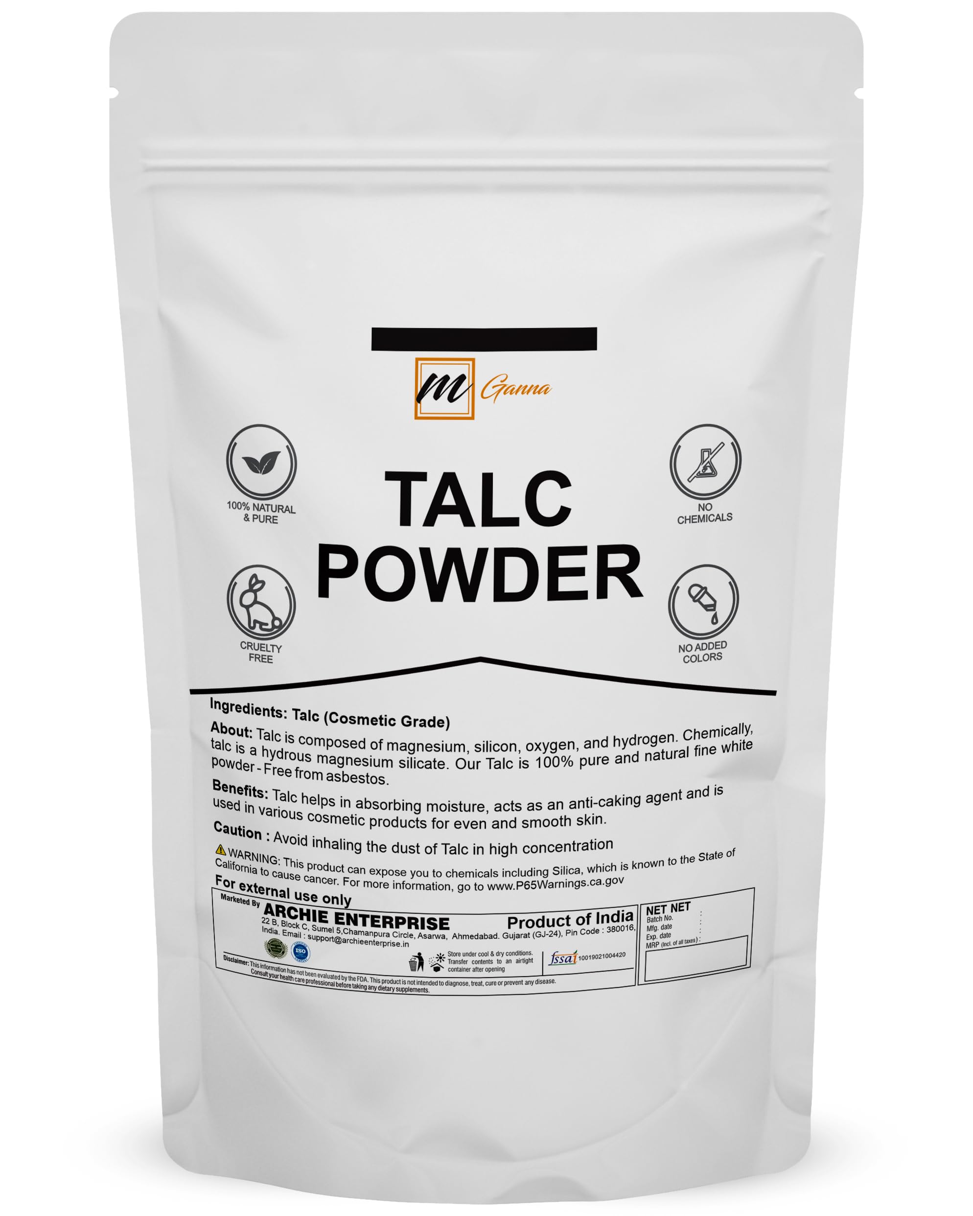 100% Natural Talc Powder for Facial Make-up, Absorption, Lubrication, and Multi-Purpose 0.5 LBS / 227 GMS