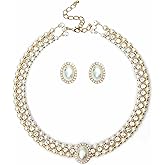 S SUSANN Costume Layered Twisted Gold Pearl Necklace Choker Chunky Glass Statement Pearl Necklace and Earring set, good gift for women Faux pearl necklace set