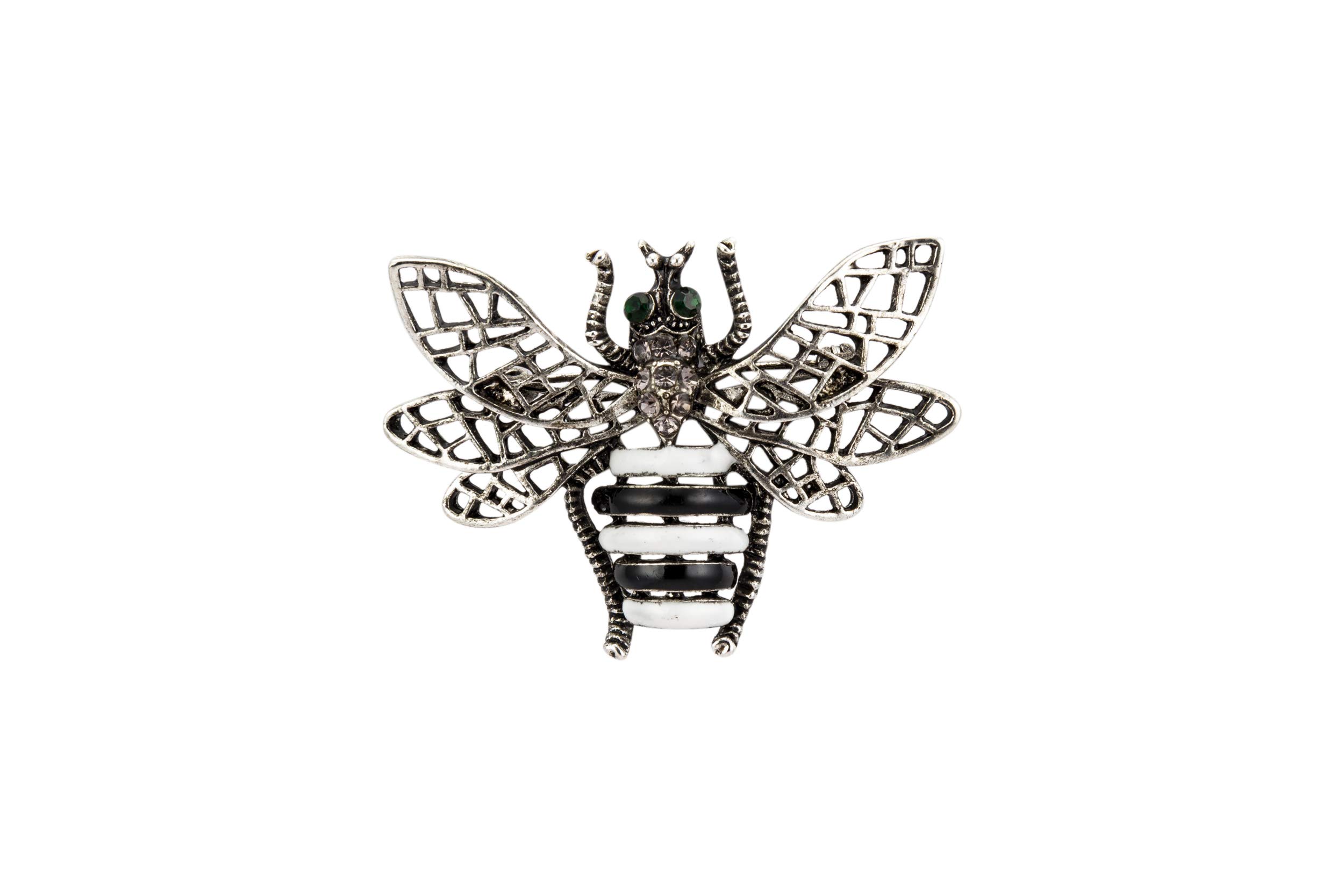 Brooch Lapel Pin for Men Brushed Silver and White Enamel Bee with Black Stone Badge Coat Suit Wedding Gift Party Shirt Collar Accessories