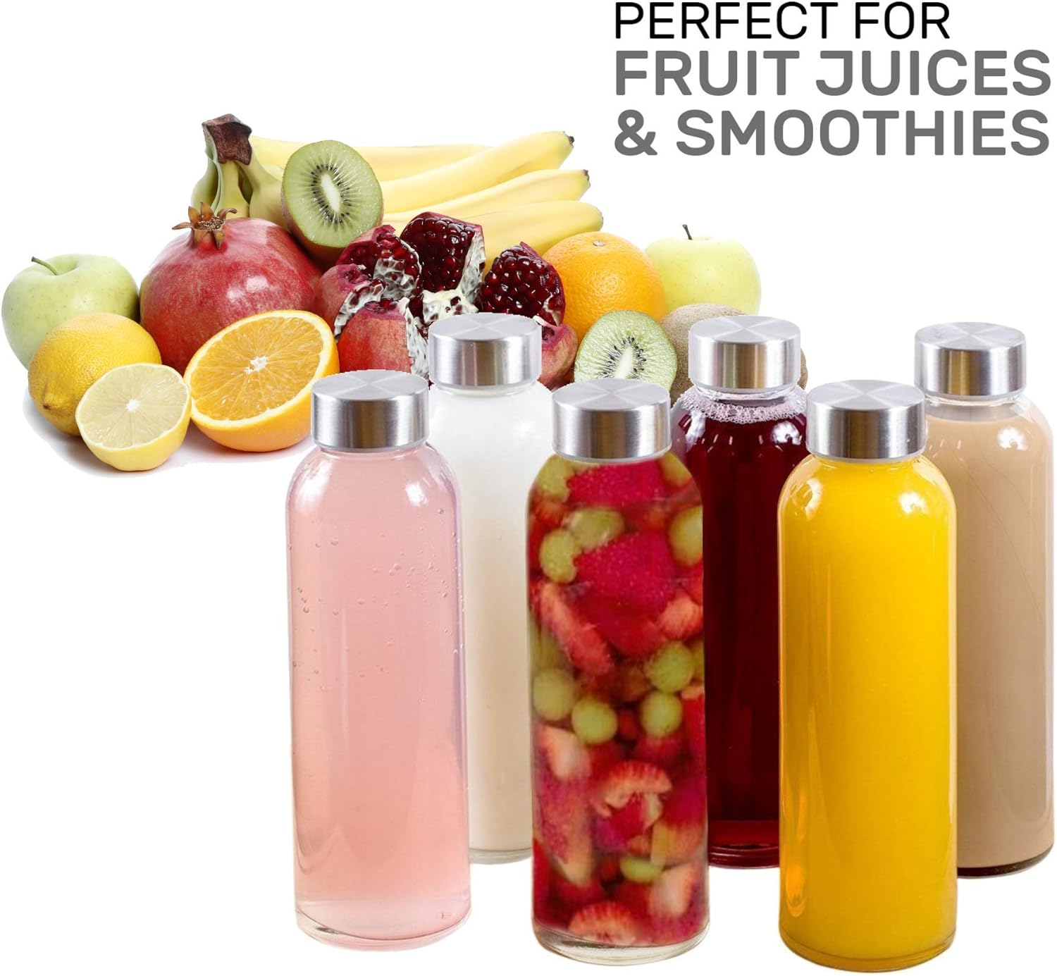 Brieftons Glass Water Bottles: 6 Pack, 18 Oz, Stainless Steel Leak Proof Lid, Premium Soda Lime, Best As Reusable Drinking Bottle, Sauce Jar, Juice Beverage Container, Kefir Kit - With Cleaning Brush : Sports & Outdoors