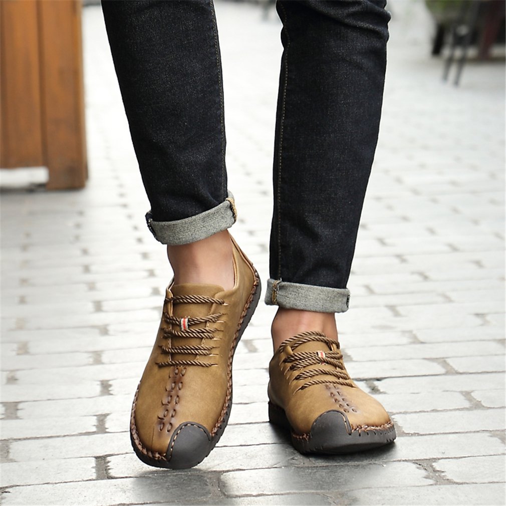 Suede Casual Shoes Men\'s British Style Handmade Leather Oxford Shoes Flats Lace-up Loafers Flats Sneakers(Khaki,US9)