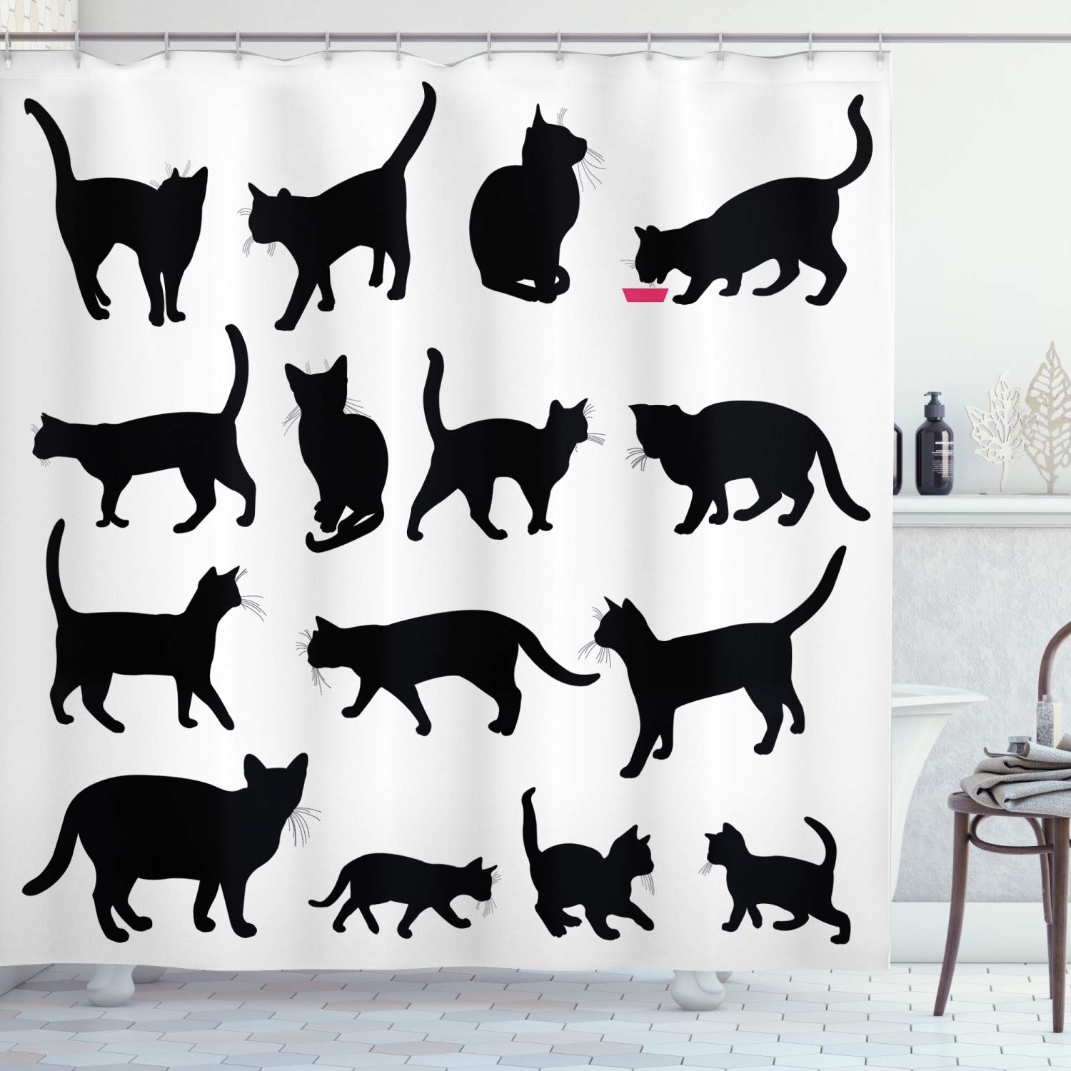 ABAKUHAUS Cat Shower Curtain, Black Cat Silhouettes in Different Poses Domestic Pets Kitty Paws Tail and Whiskers, Cloth Fabric Bathroom Decor Set with Hooks, 70 Inches, Black White