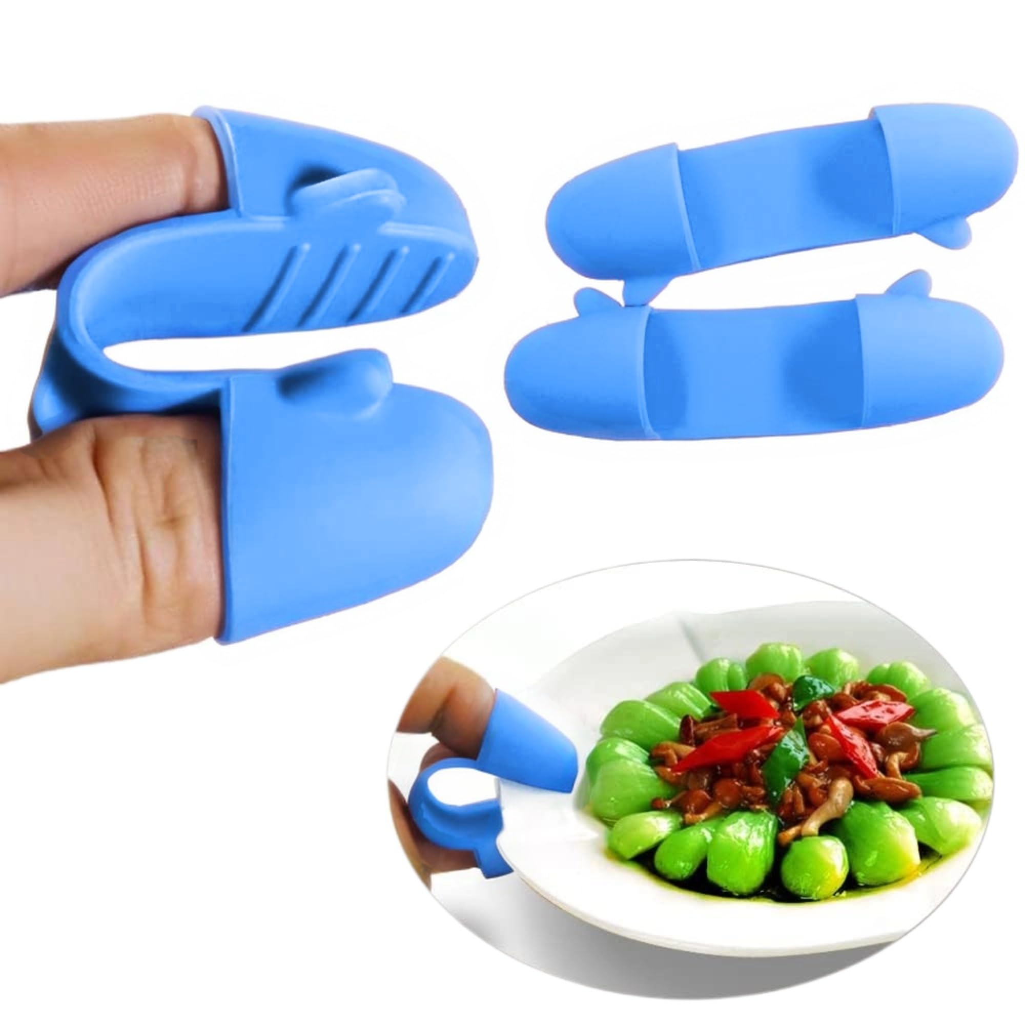 Photo 1 of 1 Pair Mini Silicone Finger Oven Mitts Heat Cold Dirty Hurt Resistant, Versatile Little Tool Such as Pot Holders, Finger Food Tongs, Coffee Filter Separators Clips (Blue)