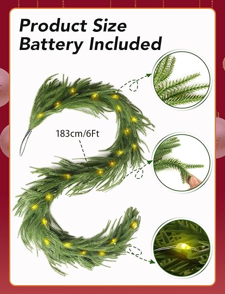 PREMIUM 30% FULLER 2PACK 6 FT ARTIFICIAL NORFOLK PINE GARLANDS WITH LIGHTS, REAL TOUCH WINTER PINE GARLAND, FOR STAIRCASE, TABLE, MANTLE, WALL, INDOOR, OUTDOOR CHRISTMAS DECORATIONS, FLOWER ARRANGING